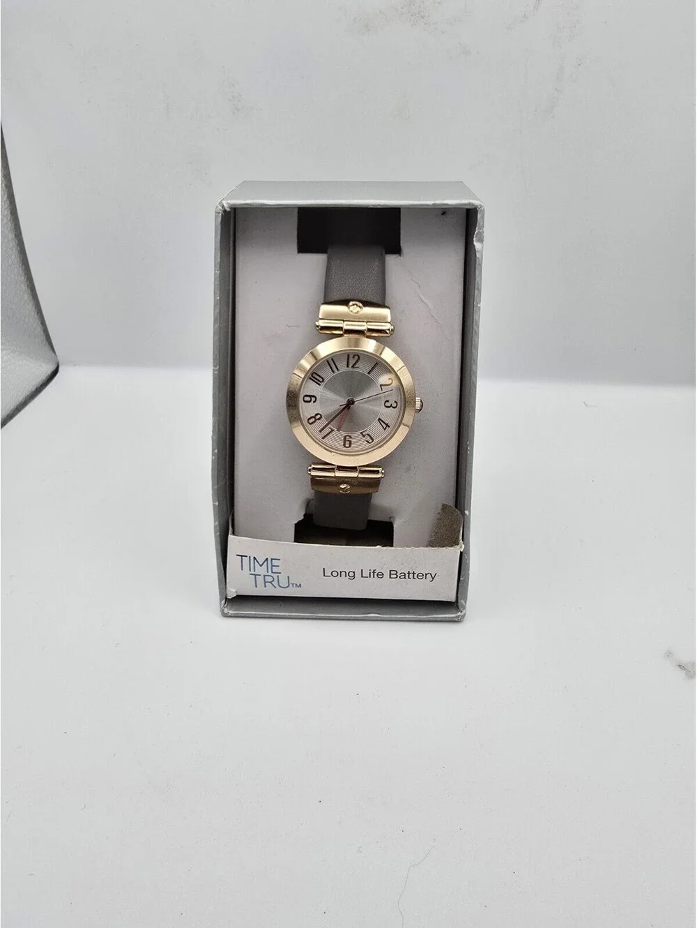 Time and Tru FMDOTT039 Ladies Crystal Accents Watch Gold Tone Grey Strap